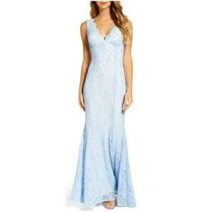 Morgan & CO. Blue V-Neck Glitter Lace‎ Open Back Dress Size 7 NWOT